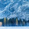 Photo of a snowy meadow below icy and snowy granite walls at Yosemite National Park